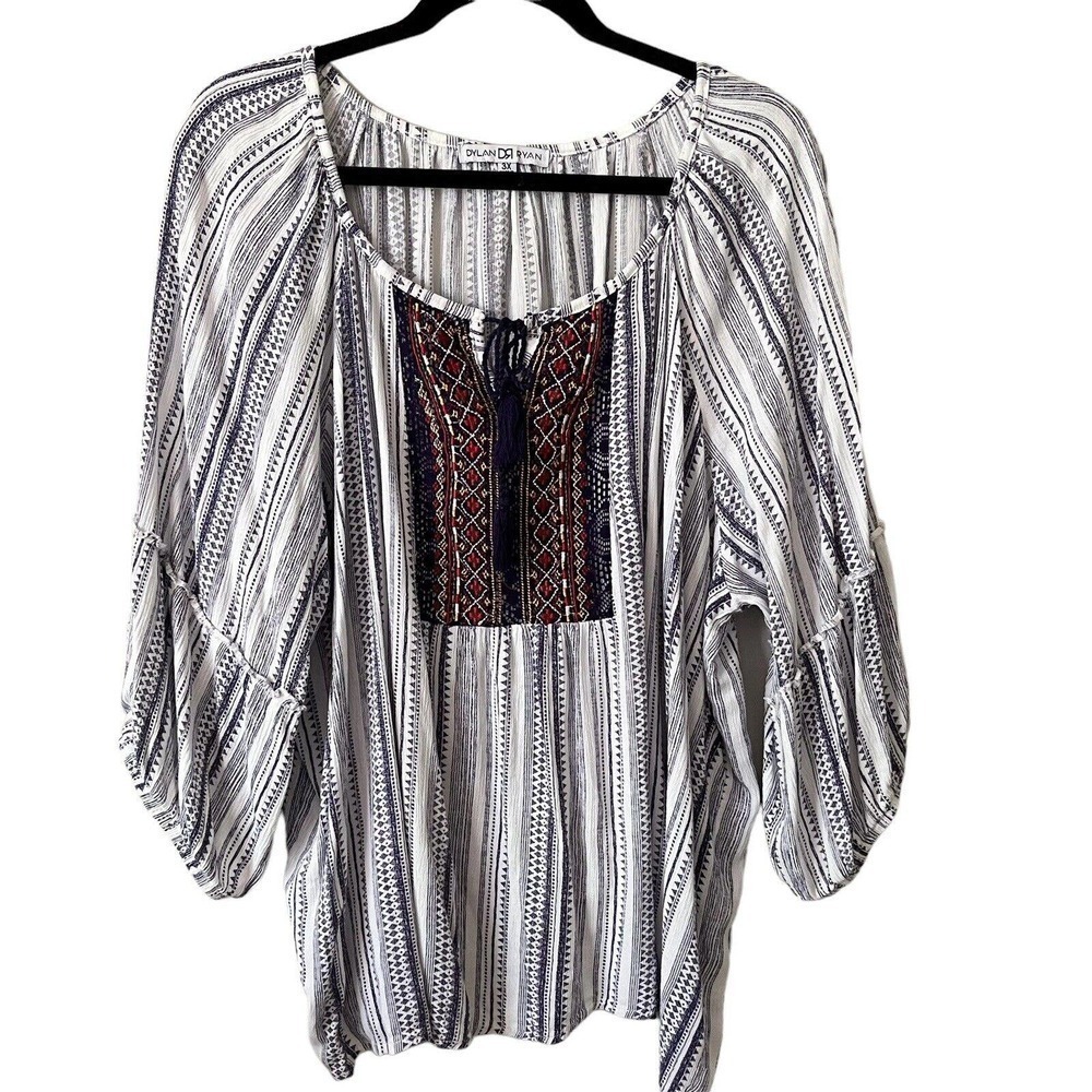 DYLAN Ryan Pullover Tunic Blouse 3X Embroidered Boho 100% Rayon 3/4 Sleeve